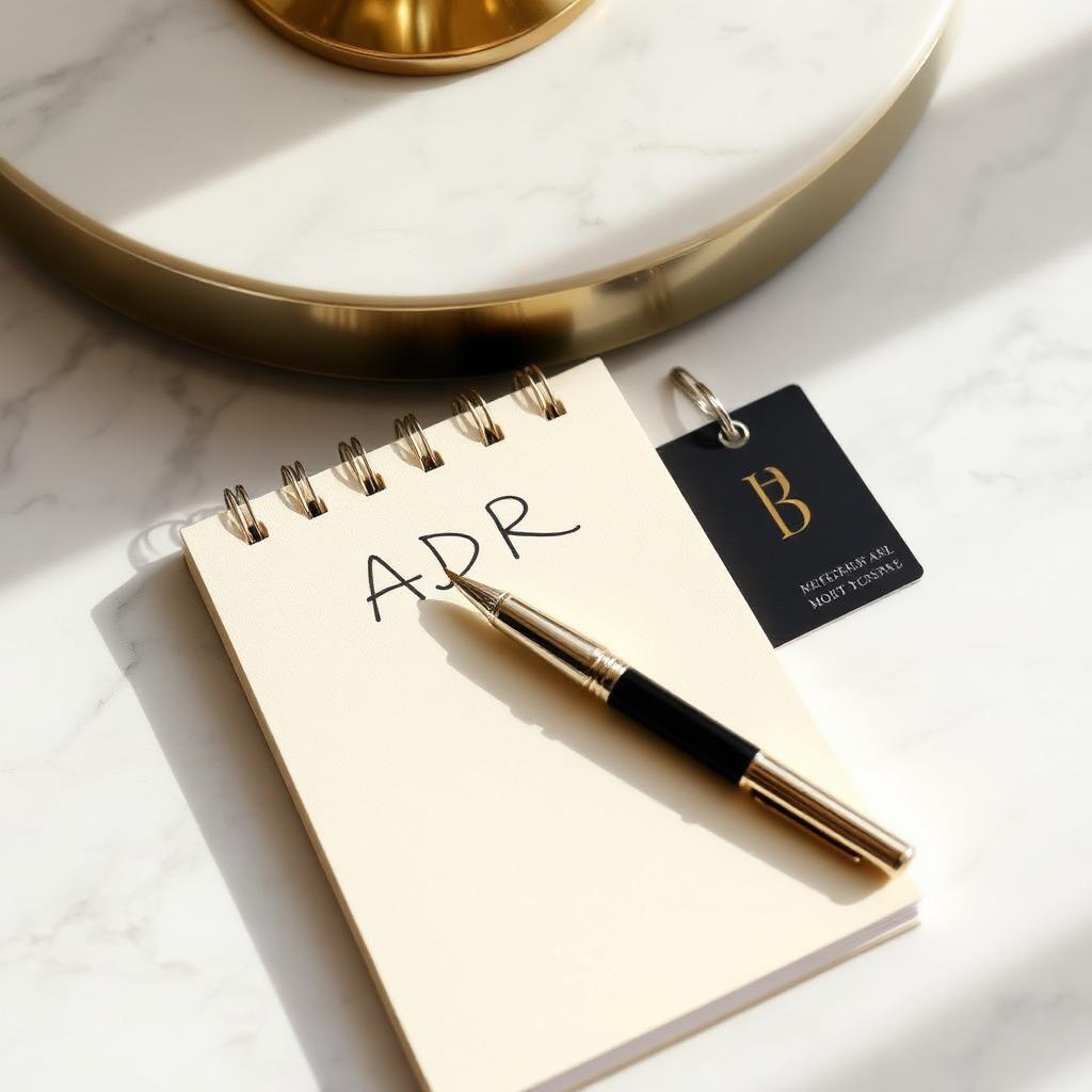 Cuaderno con la fórmula del ADR y bolígrafo sobre mármol con llave de hotel