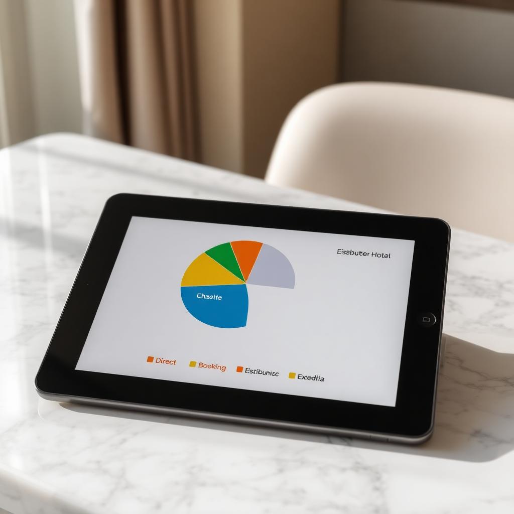 Tablet con gráfico circular del mix de canales: directo, Booking, Expedia