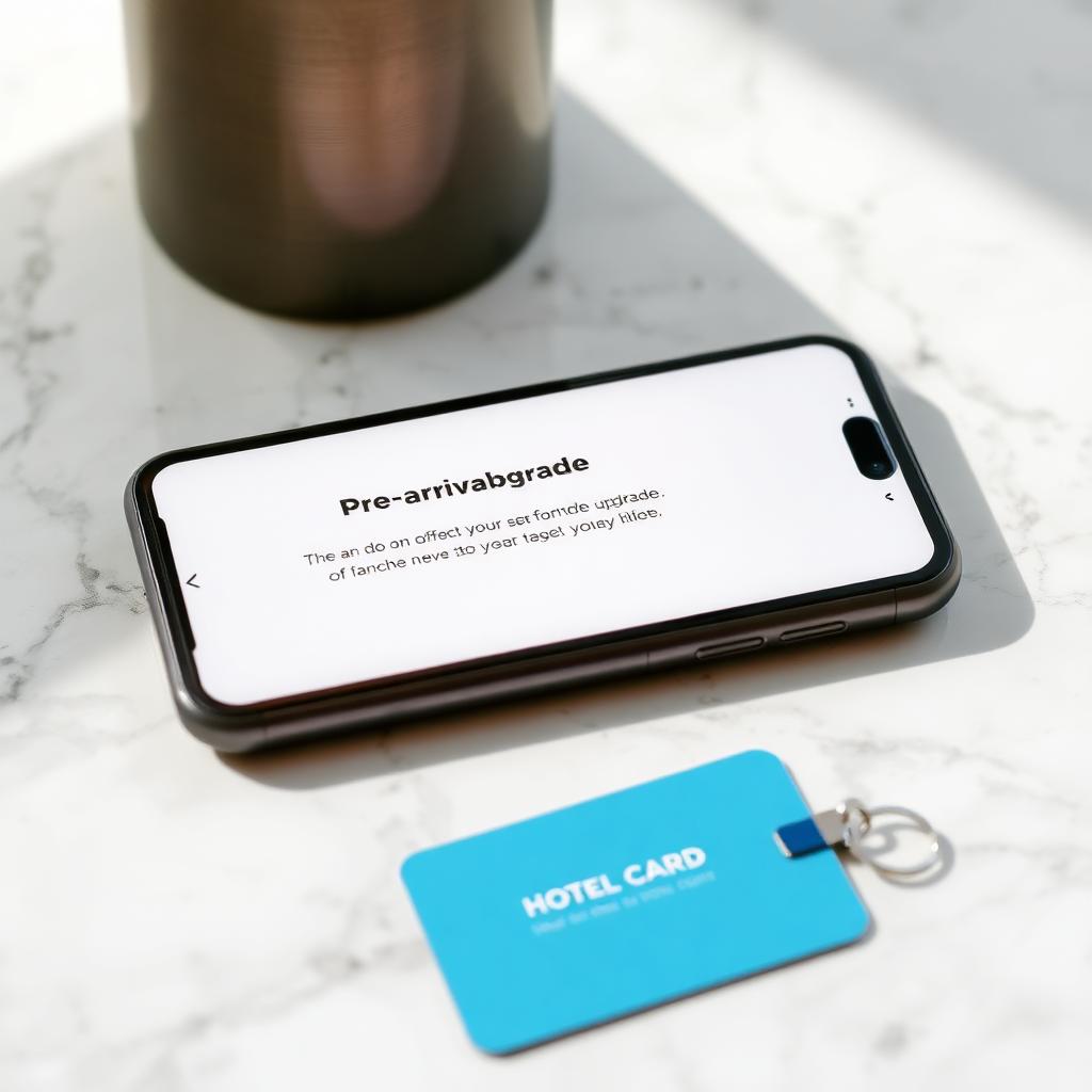 Email pre-arrival de upgrade en pantalla de smartphone sobre mármol