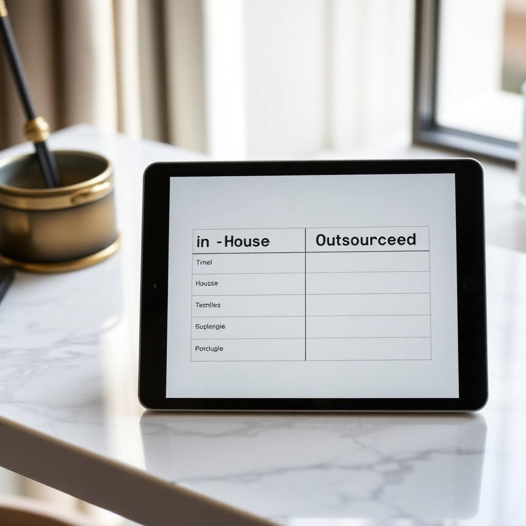 Tablet con comparativa in-house vs externalizado sobre mármol