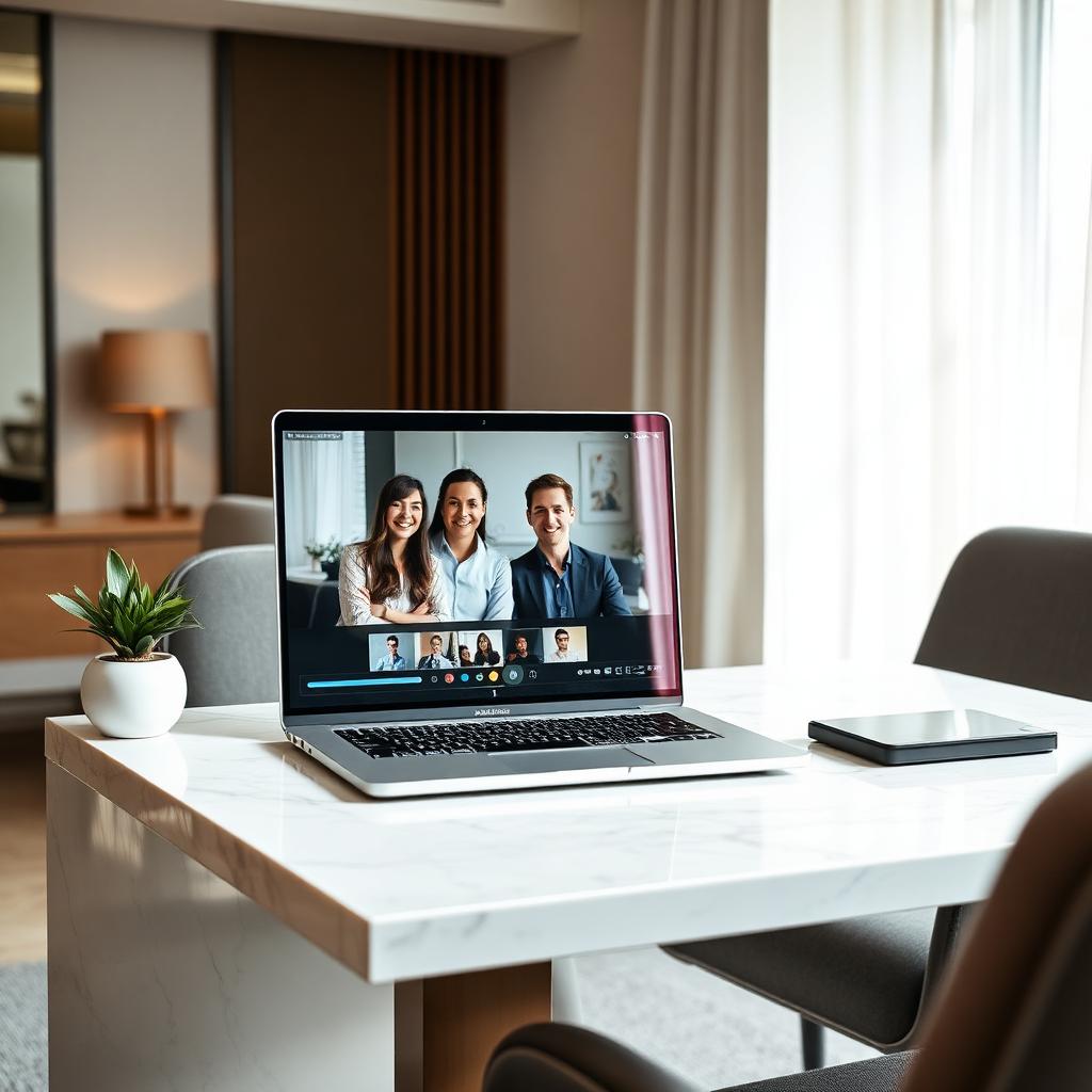 Videollamada con equipo externo de Revenue Management en portátil sobre mesa de mármol