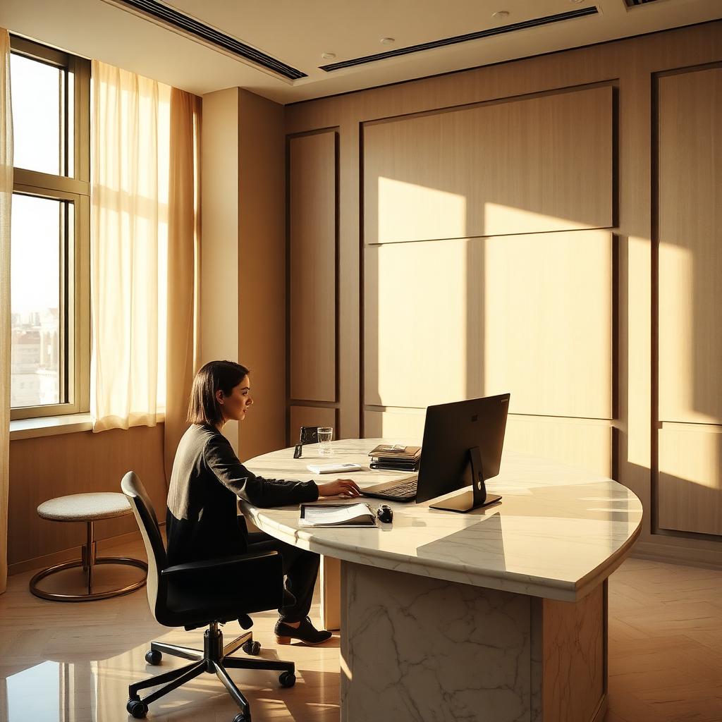 Revenue Manager interno trabajando en oficina de hotel boutique con pantallas