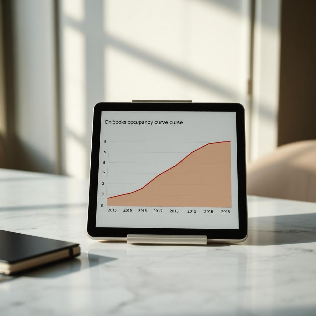 Tablet con curva de on the books de ocupación a 90 días sobre mármol