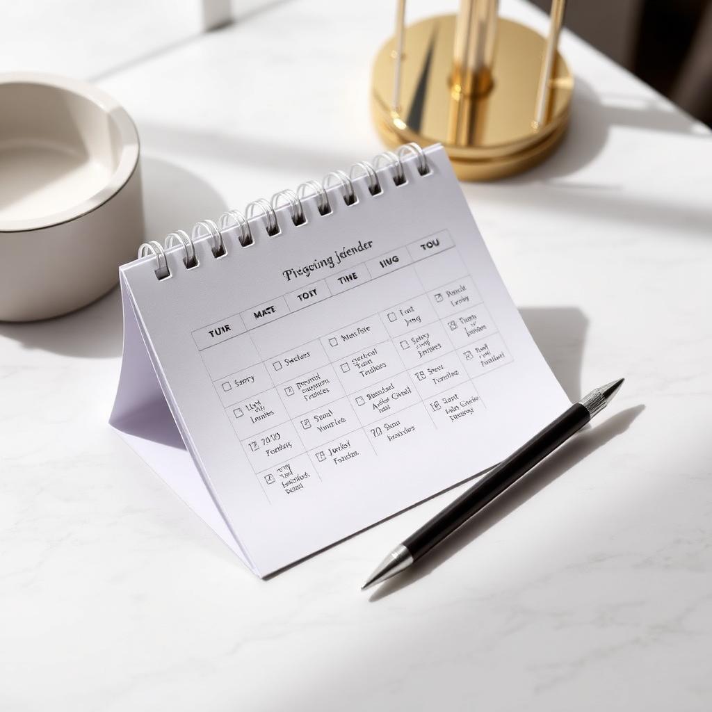 Calendario de mesa con fechas de eventos marcadas sobre mármol
