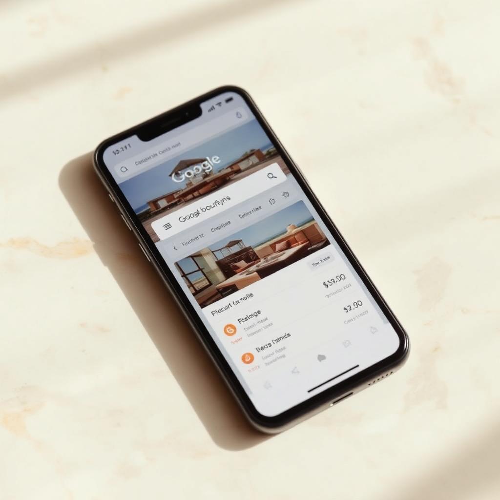 Smartphone con resultado de Google mostrando precios de hotel y comparador