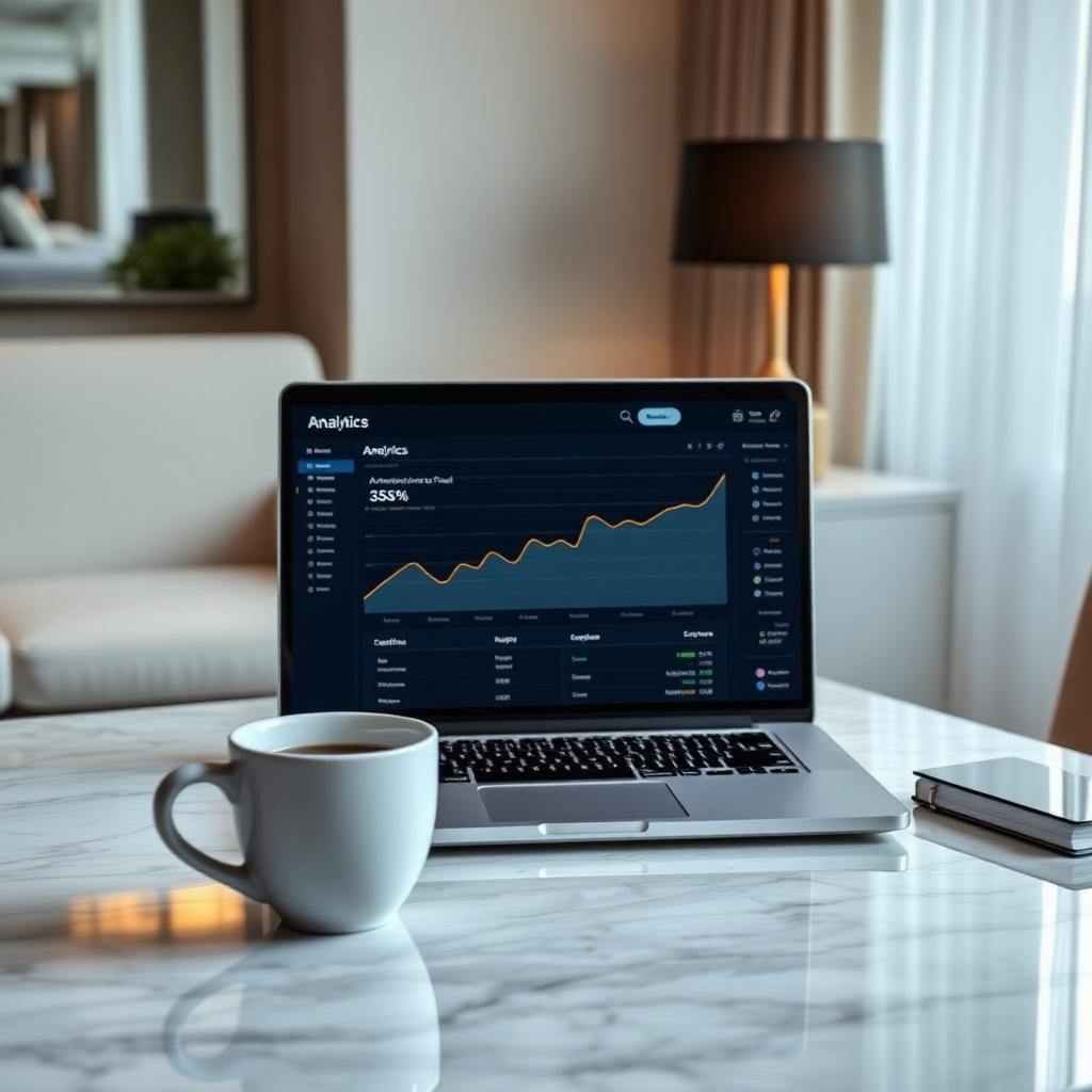 Portátil con dashboard de analítica y embudo de conversión hotelero