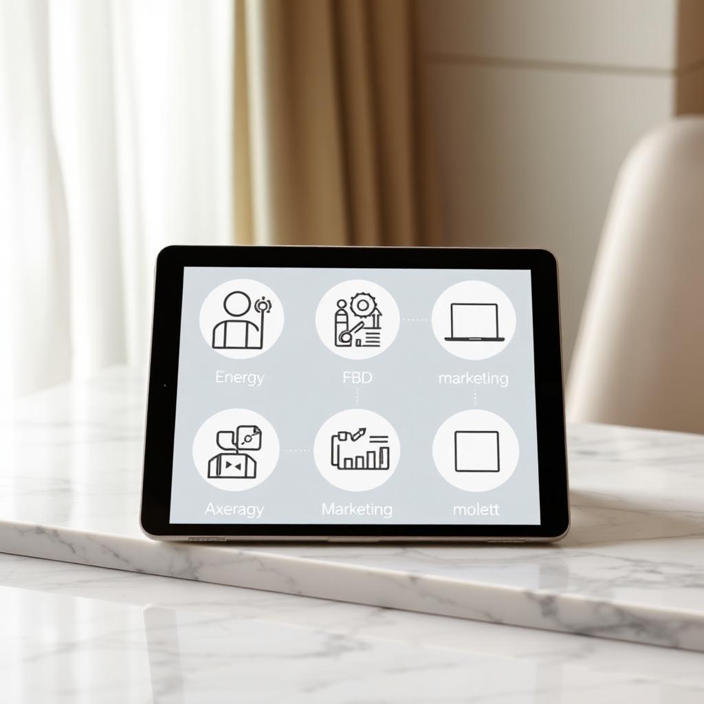 Tablet con iconos de costes operativos: personal, energía, F&B, marketing