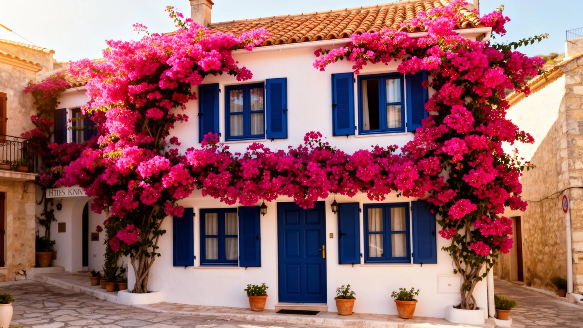 Fachada blanca de hotel boutique mediterráneo cubierta de buganvilla con persianas azules