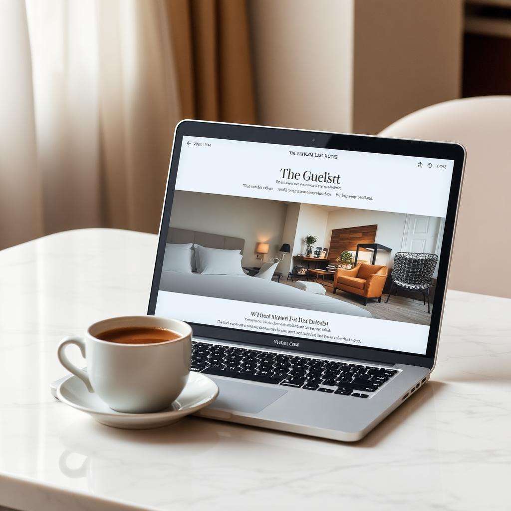 Portátil con plantilla de email marketing hotelero sobre mármol