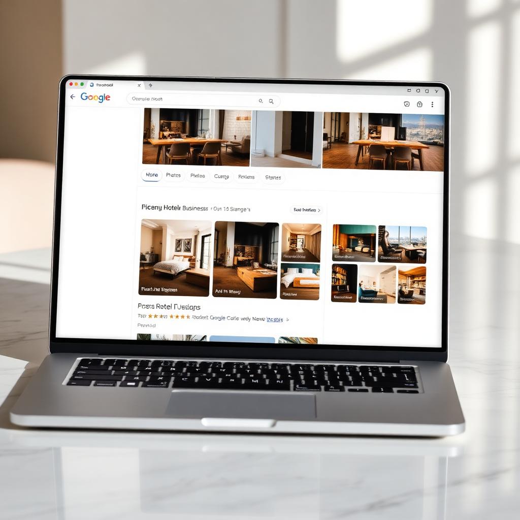 Portátil mostrando ficha de Google Business Profile de hotel