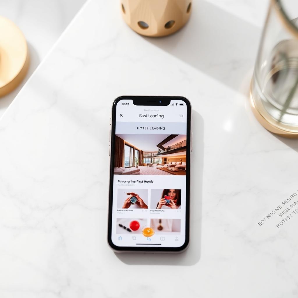Smartphone con web de hotel cargando rápido sobre mármol