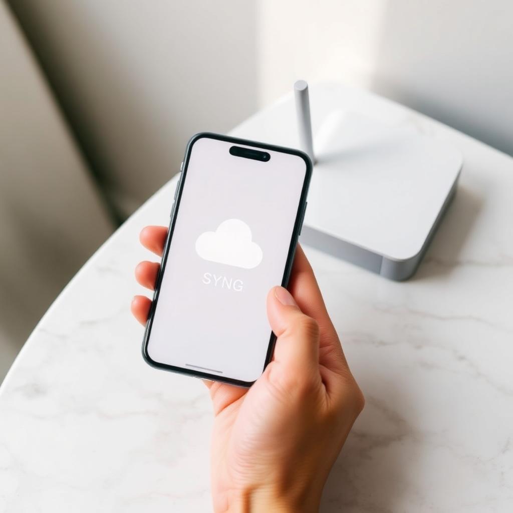 Smartphone con icono de sincronización en la nube junto a un módem