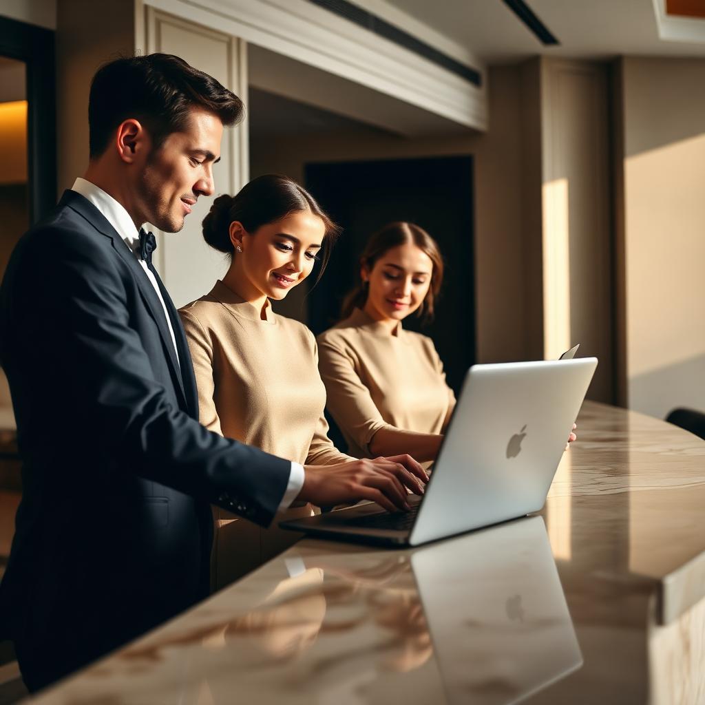 Equipo de recepción de hotel boutique formándose en un nuevo PMS