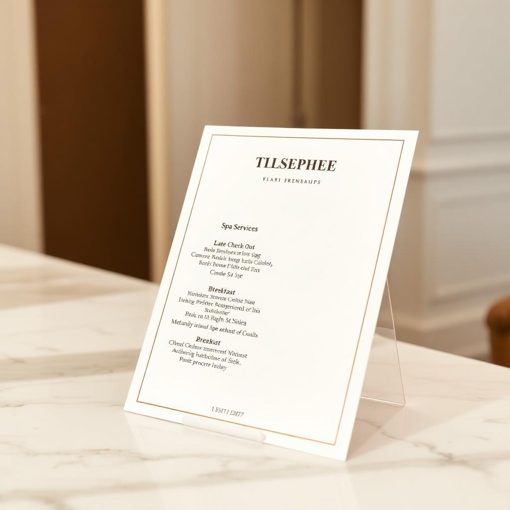 Tarjeta de menú elegante de servicios del hotel sobre mostrador de mármol