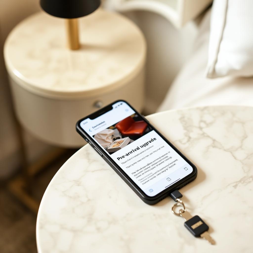 Smartphone con email de upgrade pre-arrival sobre mesita de mármol