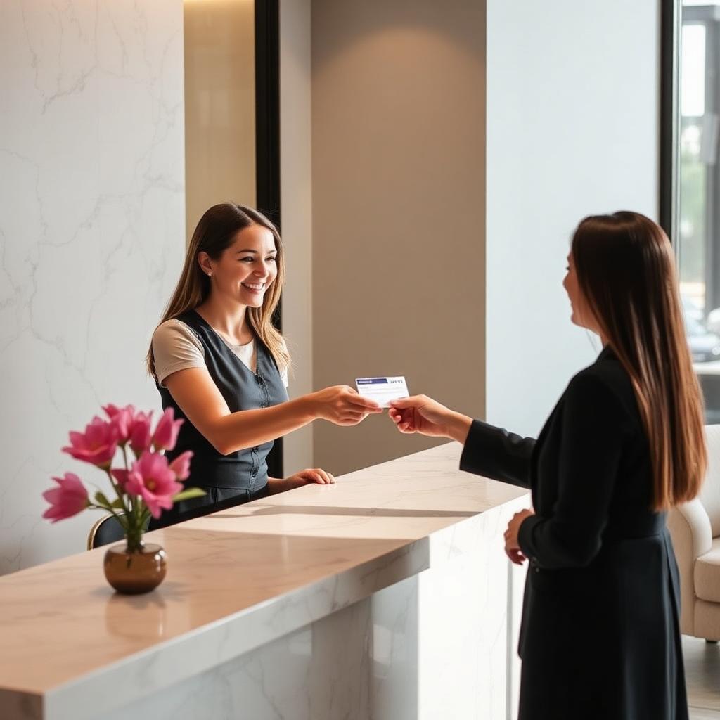 Recepcionista entregando tarjeta de upgrade a una huésped en mostrador de mármol